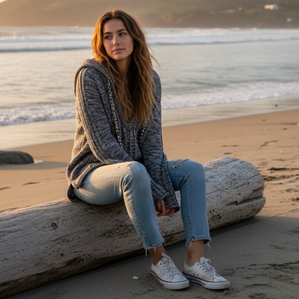 Roxy‎ V-Neck Sweater in Gray and White Y2K